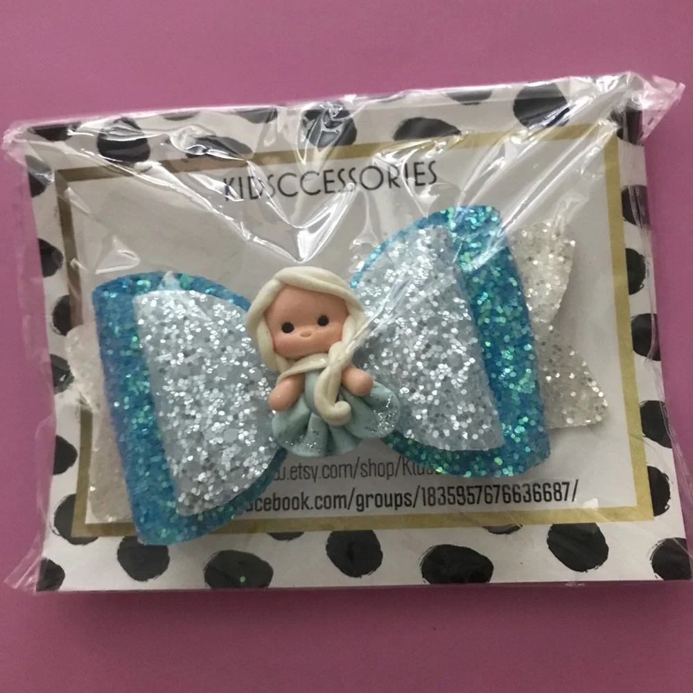 Sparkling Blue & Silver Kids Hair Bow with Doll Accent